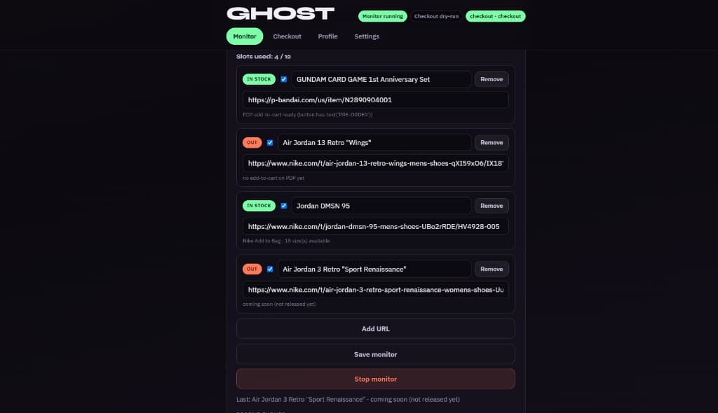 Ghost monitor running with Nike and Bandai stock statuses
