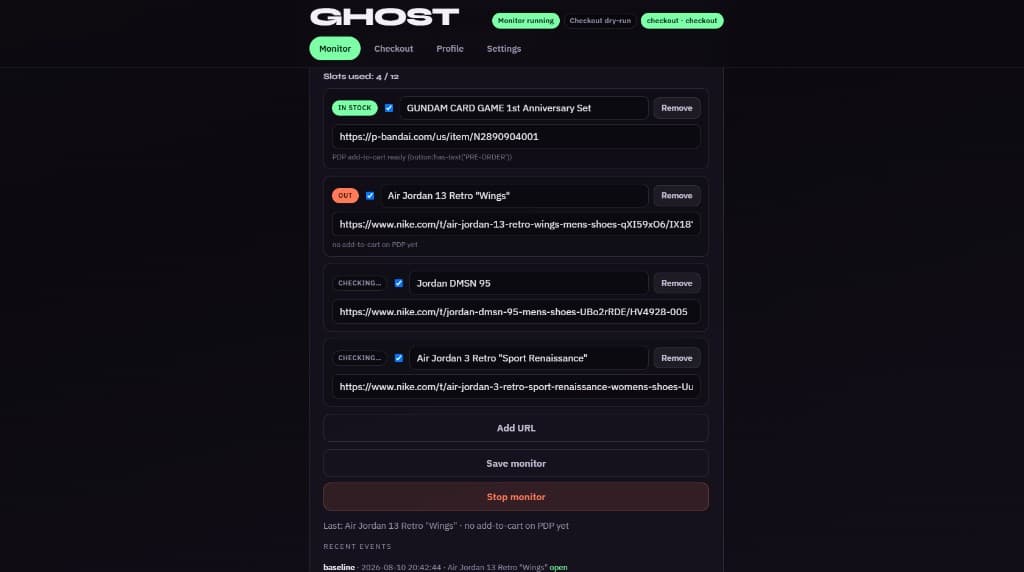 Ghost monitor with IN STOCK, OUT, and CHECKING product slots